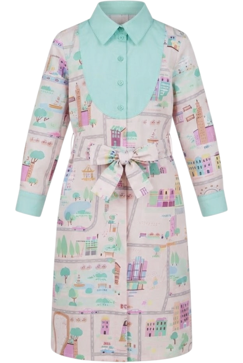 Miami downtown cotton printed long shirt-dress with mint details - product view
