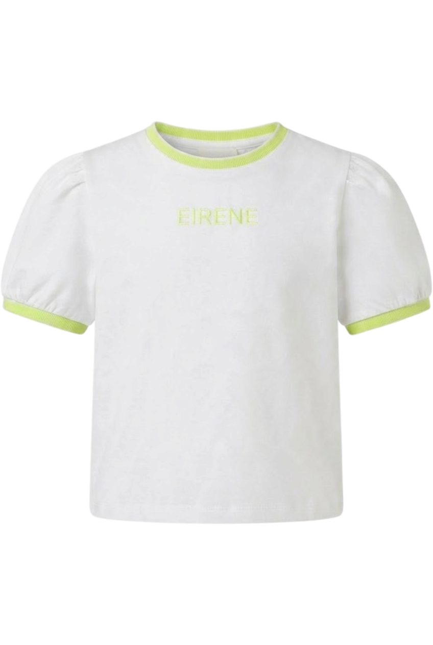 White t-shirt with green rib and neon EIRENE - product view