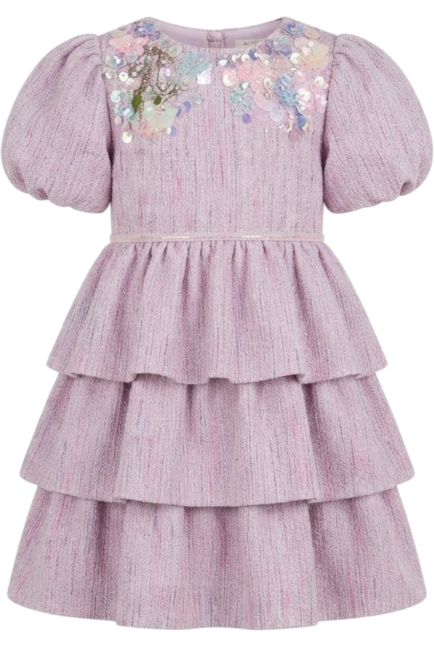 Lilac Coco summer tweed layered dress with sequin hand-embellishments - product view