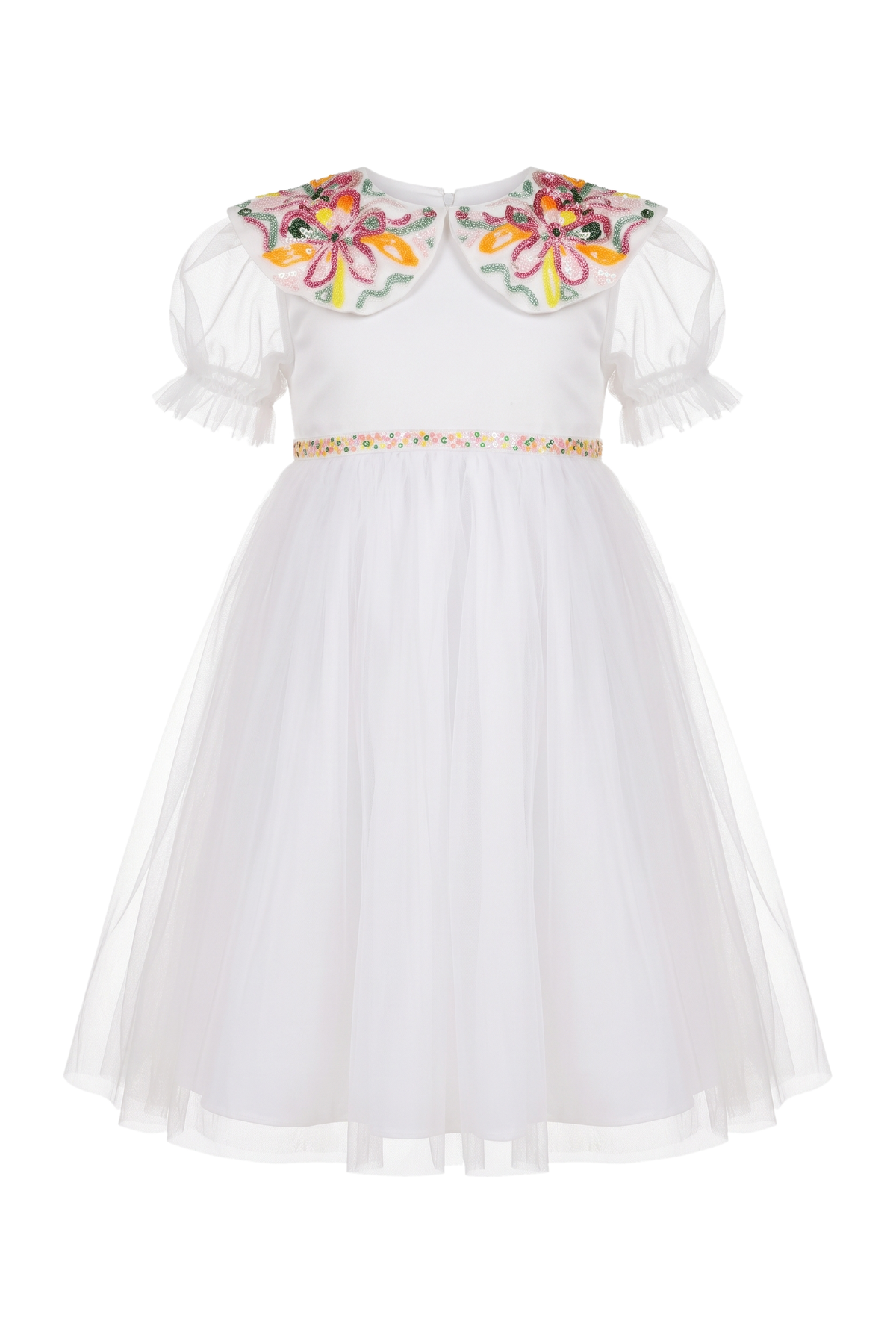 White tulle dress with hand-embellished collar and waistband - product view