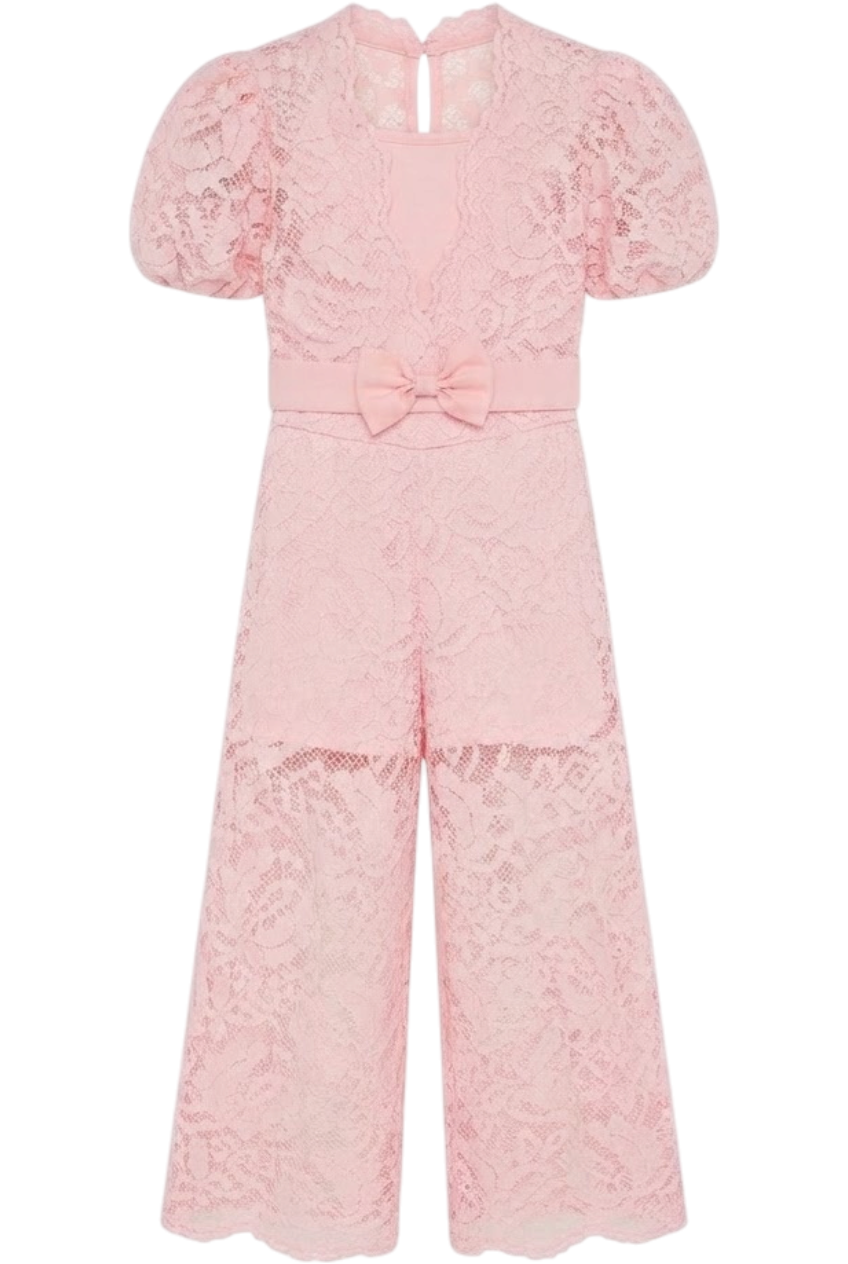 Set of pink cotton lace top with bow and camisole and lace trousers with cotton shorts - product view