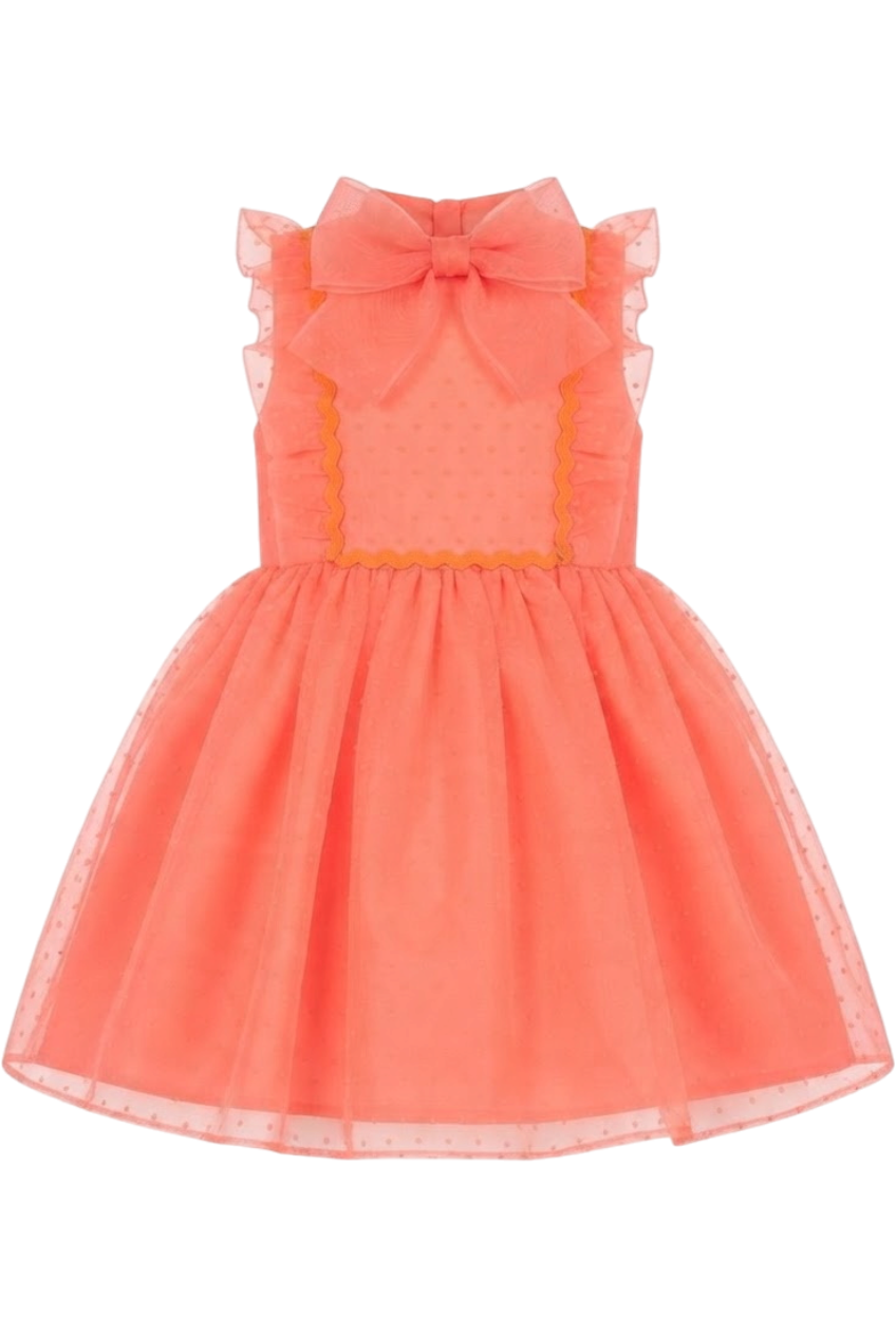 Coral neon dotted organza dress with bow - product view