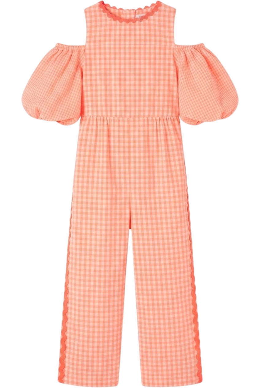 Coral neon and ecru cotton jumpsuit with voluminous sleeves - product view