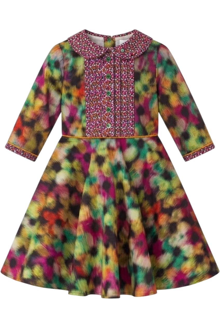 Blurred fuchsia, orange and green flowers cotton Liberty Tana Lawn dress with collar and green buttons - product view