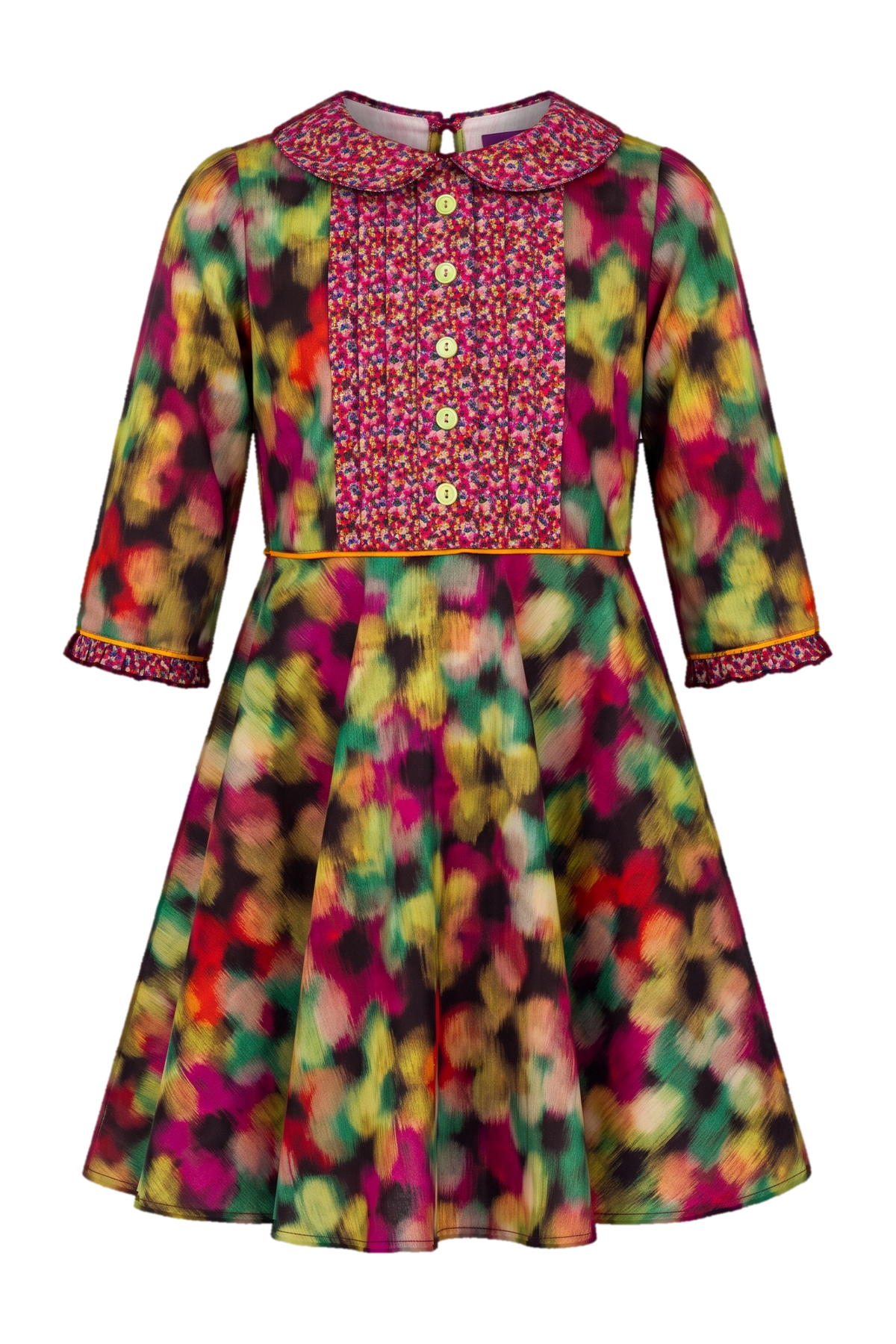 Blurred fuchsia, orange and green flowers cotton Liberty Tana Lawn dress with collar and green buttons - product view