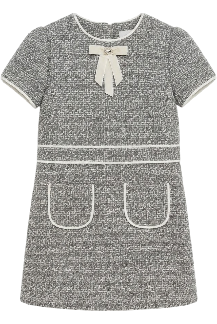 Gray and ivory tweed dress with pockets and velvet bow with crystals button - product view