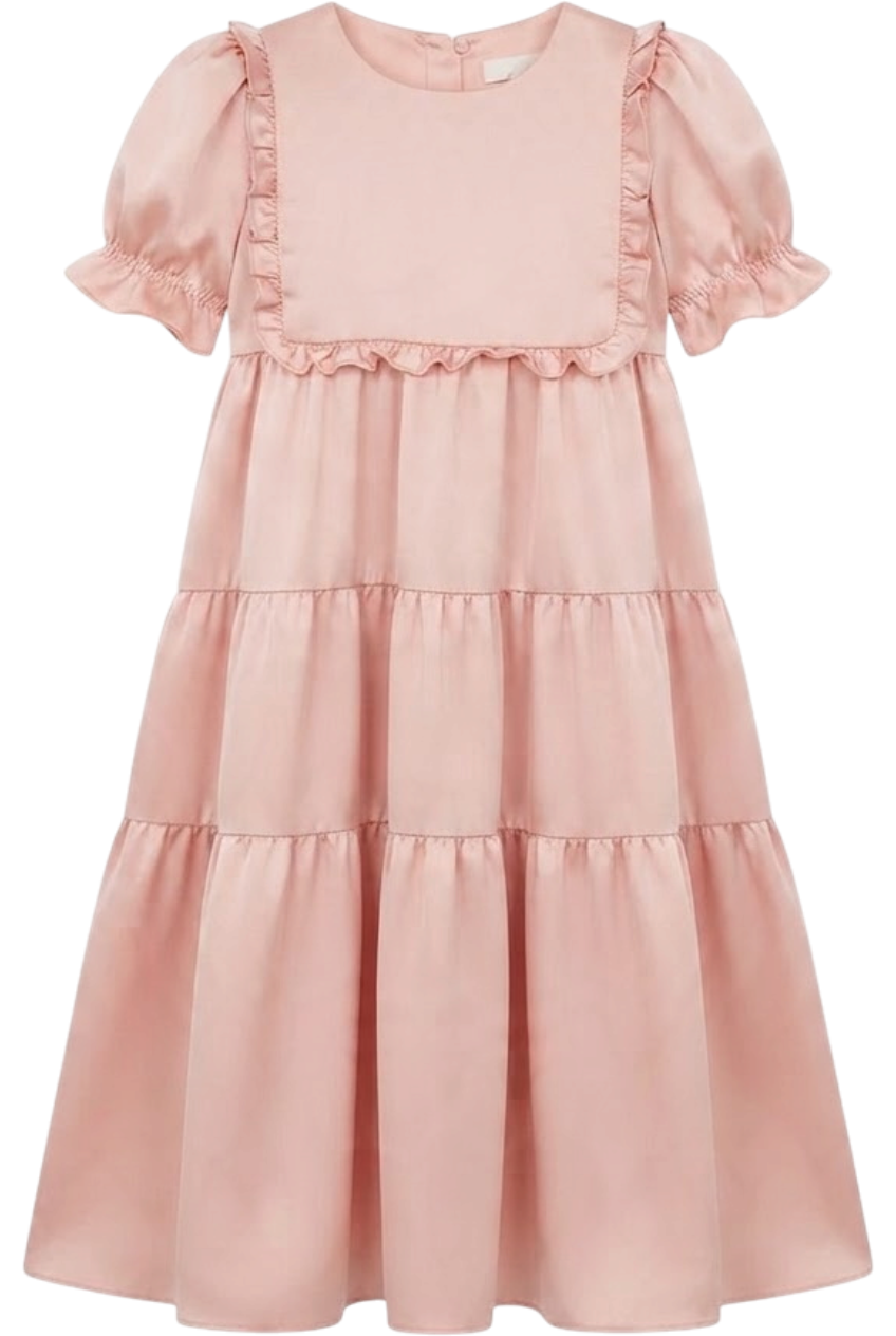 Long powder pink satin dress with frills - product view