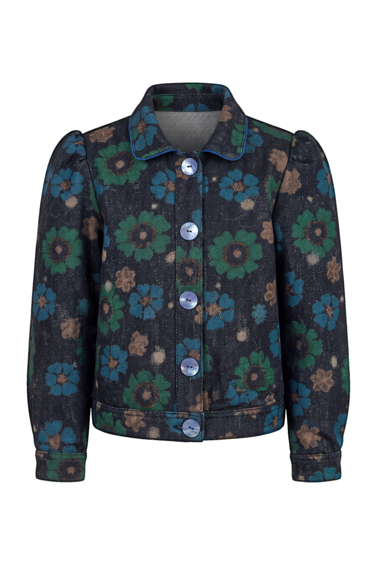Blue, green and beige flowers cotton denim jacket with puffed sleeves and branded mother of pearl blue buttons - product view