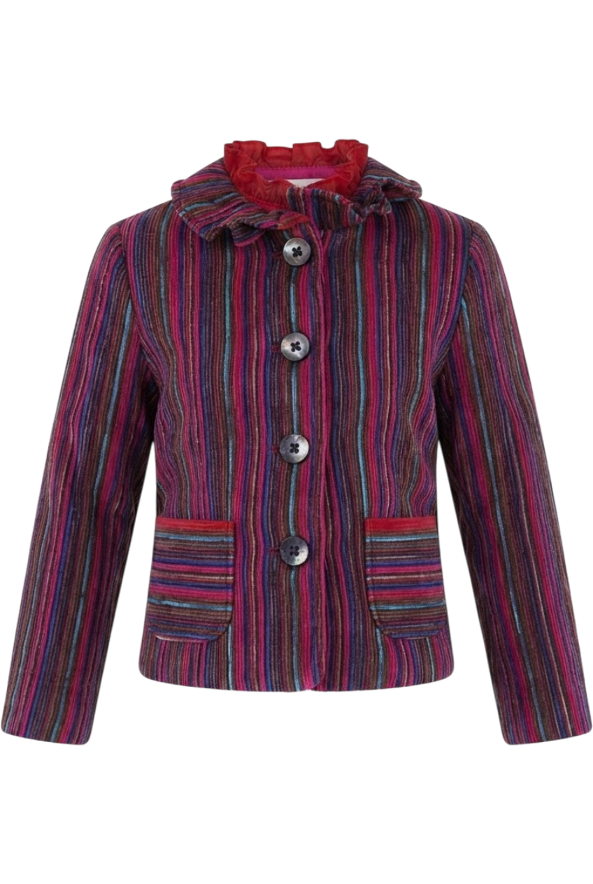 Fuchisa, pink, blue and brown corduroy jacket with mother of pearl branded buttons - product view