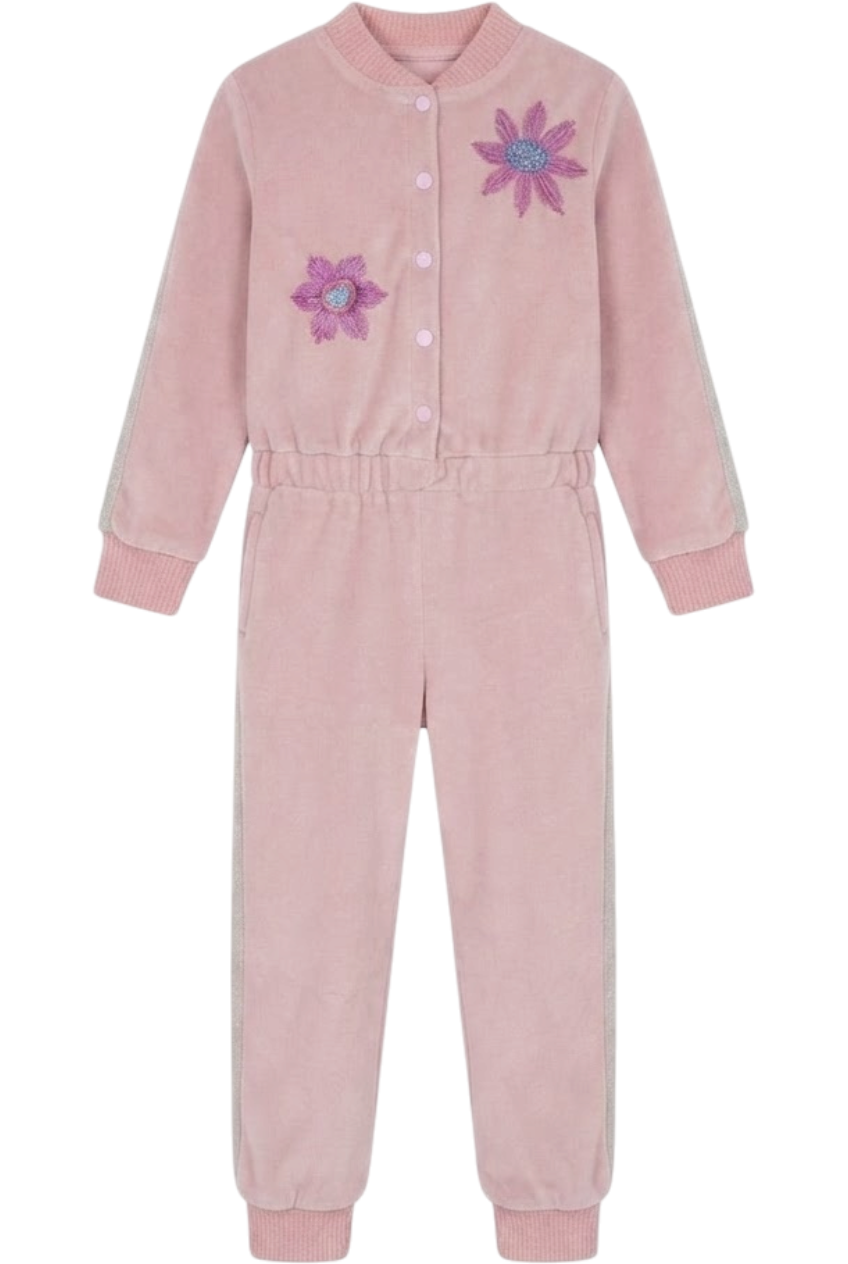 Pink cotton velvet jumpsuit with lurex stripes and hand-made flower embroidery - product view