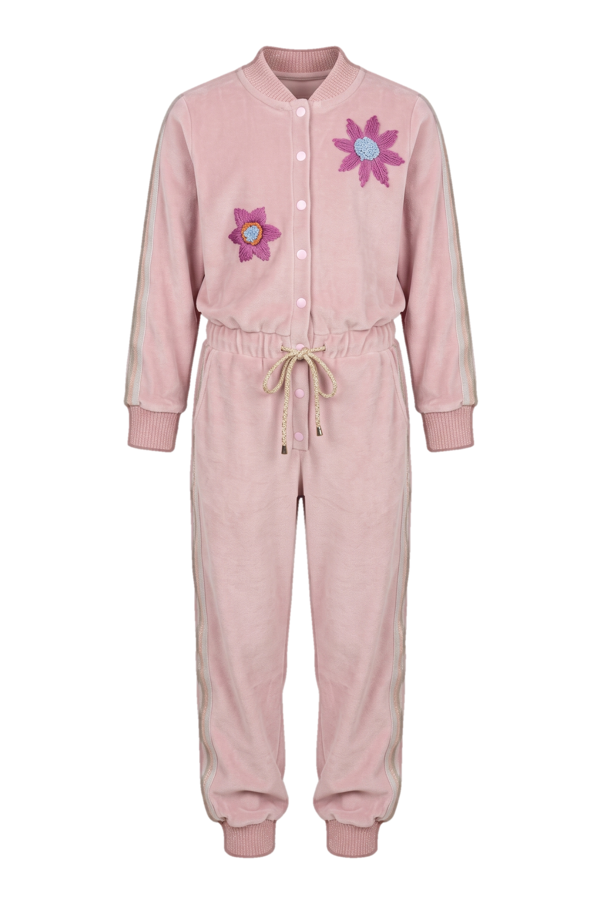 Pink cotton velvet jumpsuit with lurex stripes and hand-made flower embroidery - product view