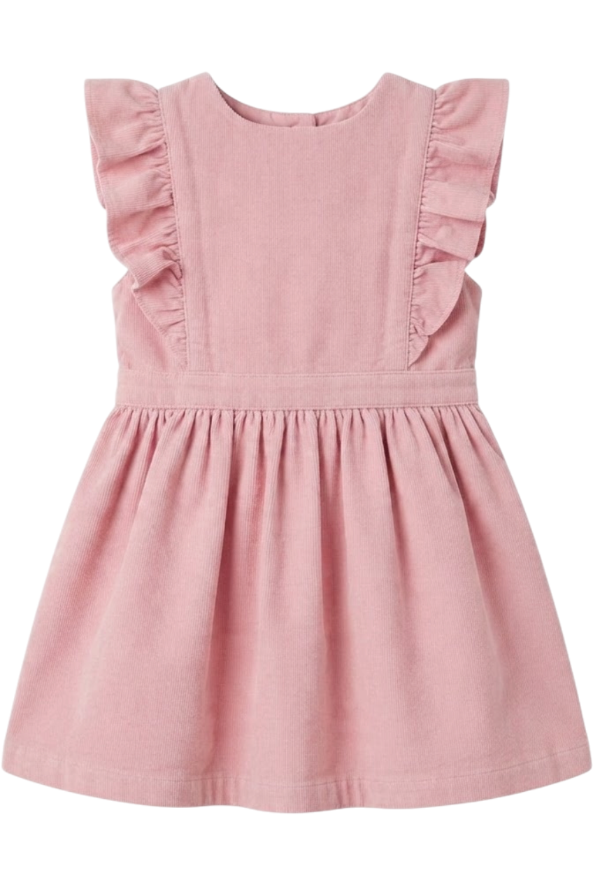 Pink courdoroy cotton pinafore dress with frills - product view