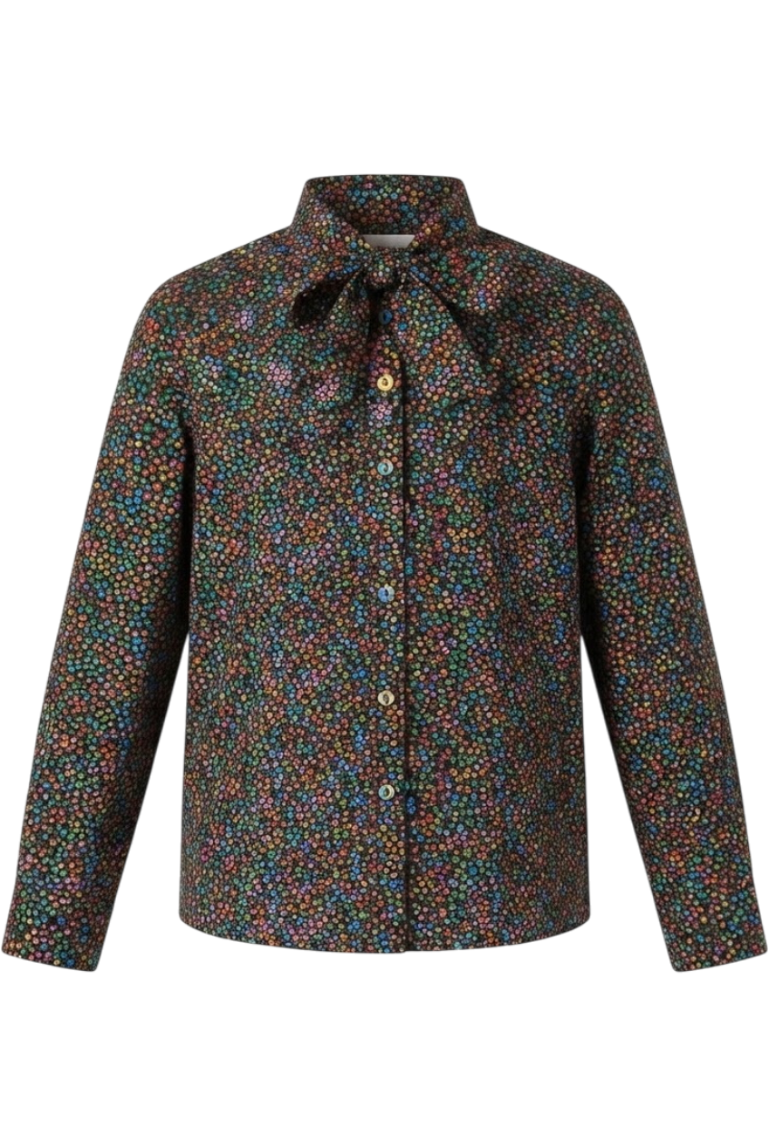 Micro flowers black Liberty print cotton shirt with bicolor buttons - product view