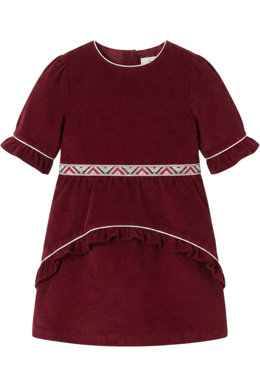 Burgundy corduroy cotton dress with contrast waist detail - product view