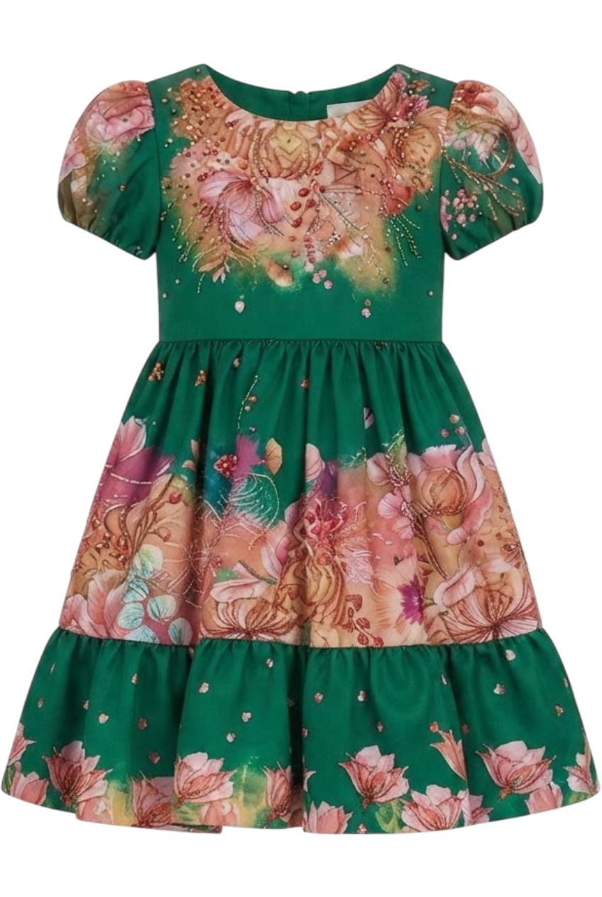 Green floral hand-embellished dress - product view