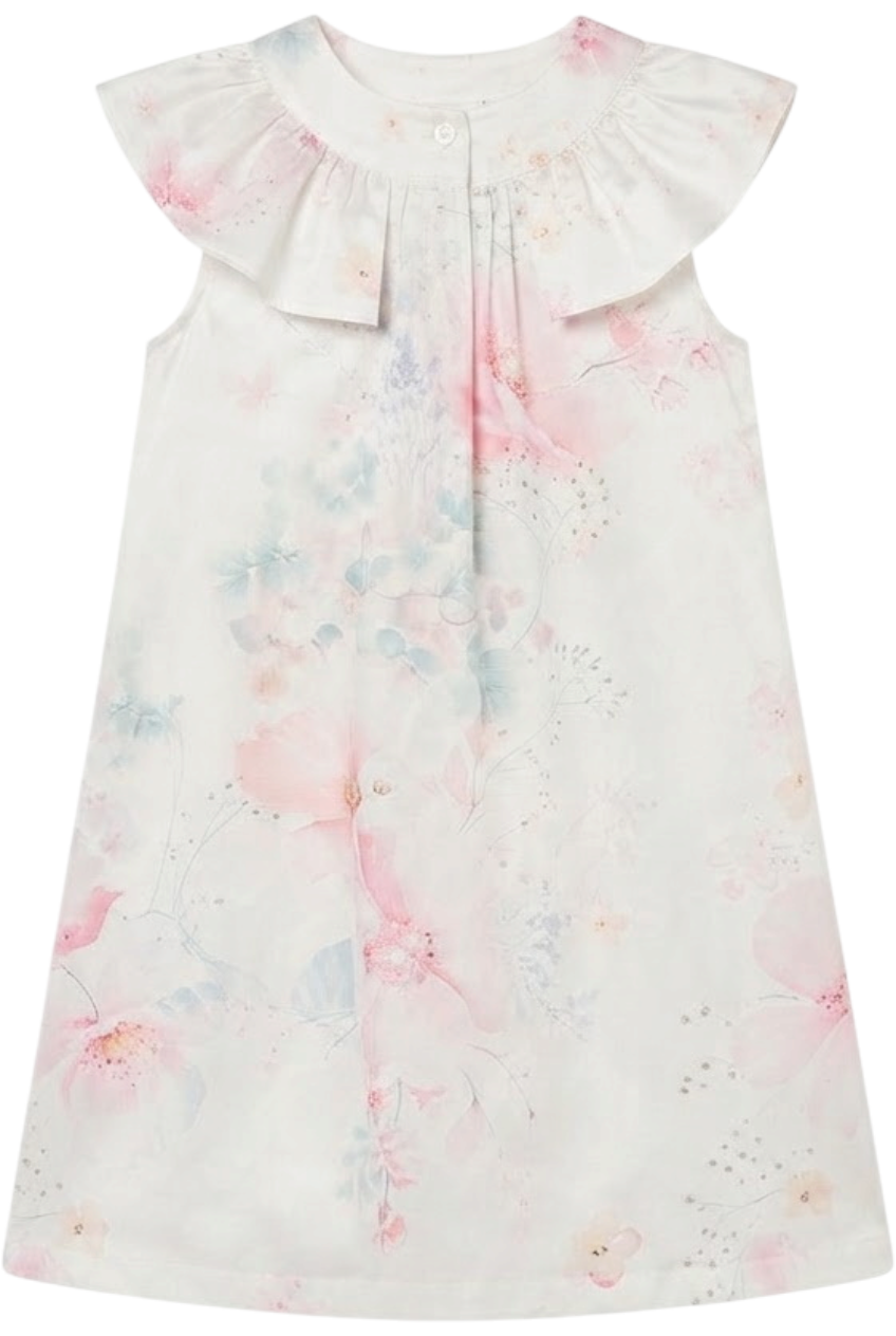 White satin cotton floral A-line dress with frills - product view