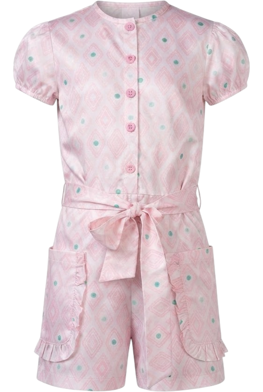 Light pink geometric pattern satin cotton jumpsuit - product view