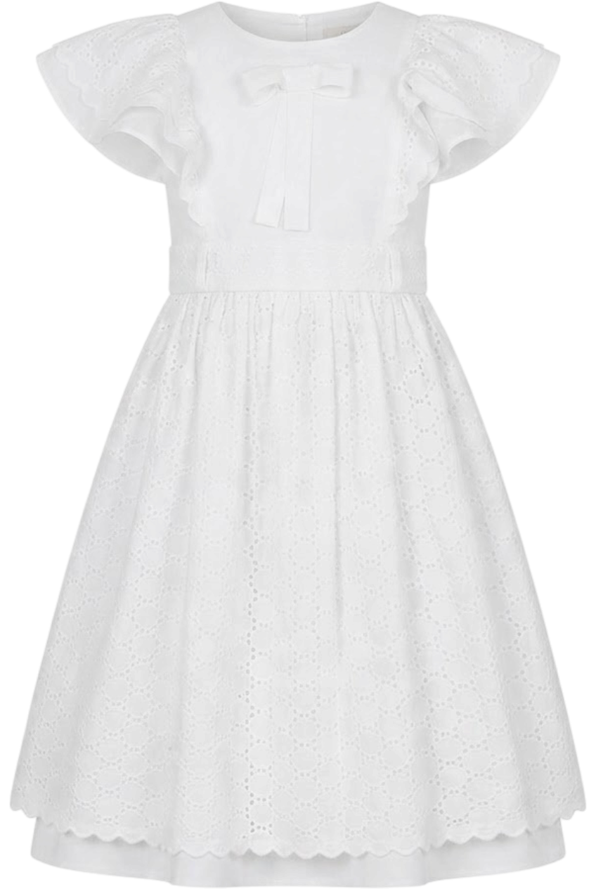 White embroidered cotton/broderie anglaise dress with frilled sleeves and bow belt - product view