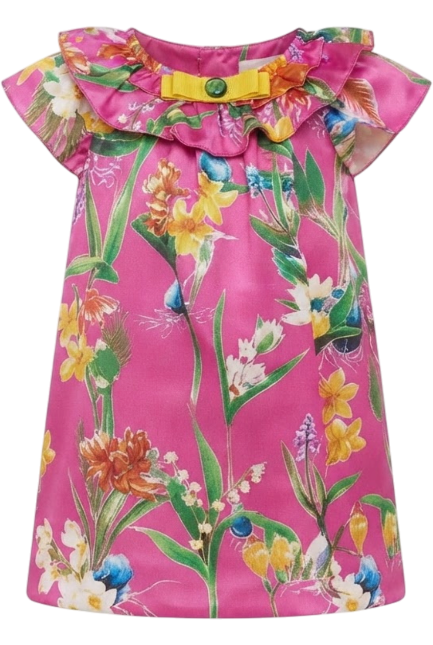 Silk fuchsia Spring flowers Liberty print dress with grossgrain bow and green glass button - product view