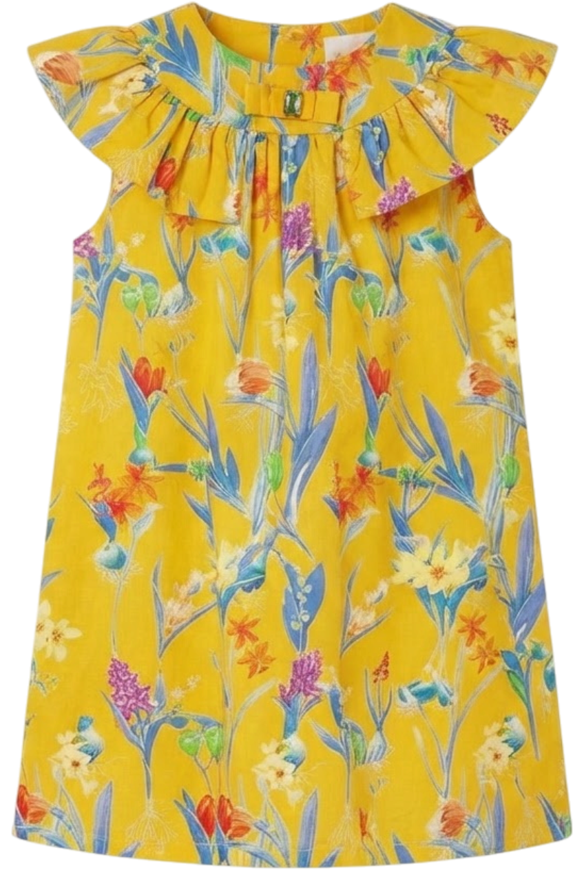 Yellow cotton Spring flowers Liberty print dress with yellow bow and green glass button - product view