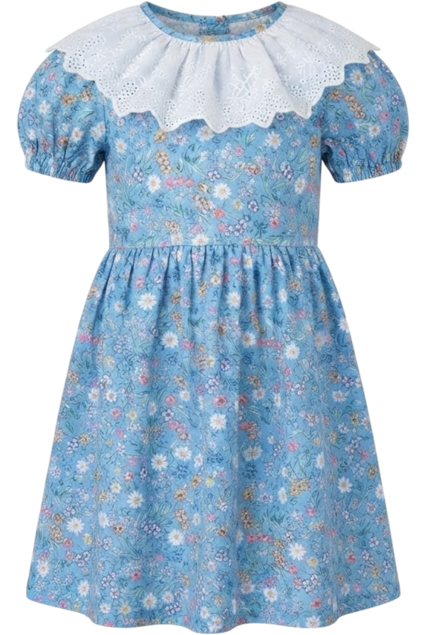 Blue frilled floral Liberty print cotton dress with embroidered cotton collar - product view