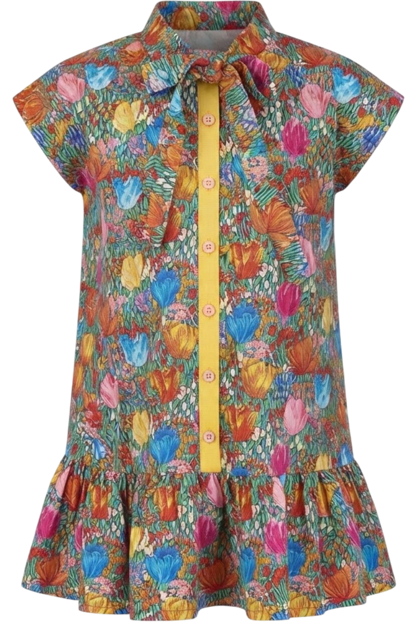 Multicolor tulips Liberty print cotton shirt dress with yellow grossgrain ribbon detail - product view