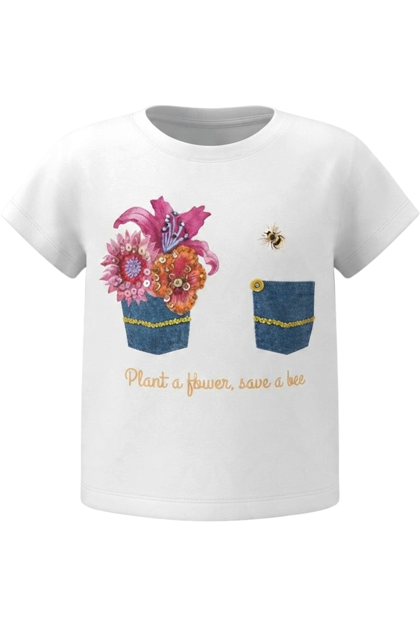 Denim pockets and flowers hand-embellished t-shirt - product view