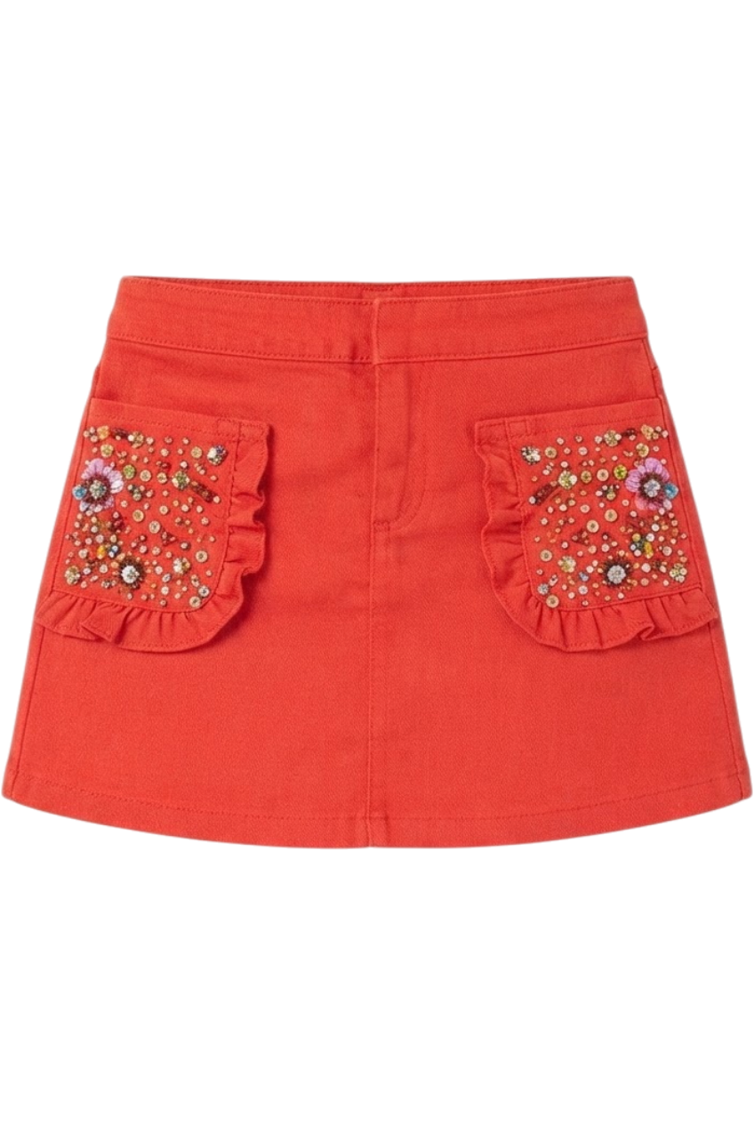 Red mini denim skirt with hand-made decoration - product view