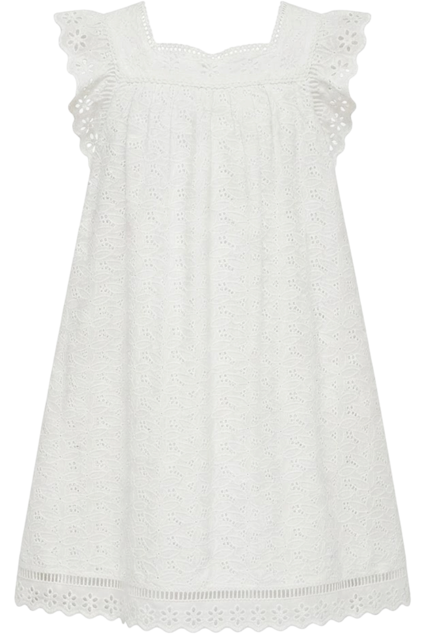 White embroidered cotton/broderie anglaise flare dress with frills/sleeves - product view