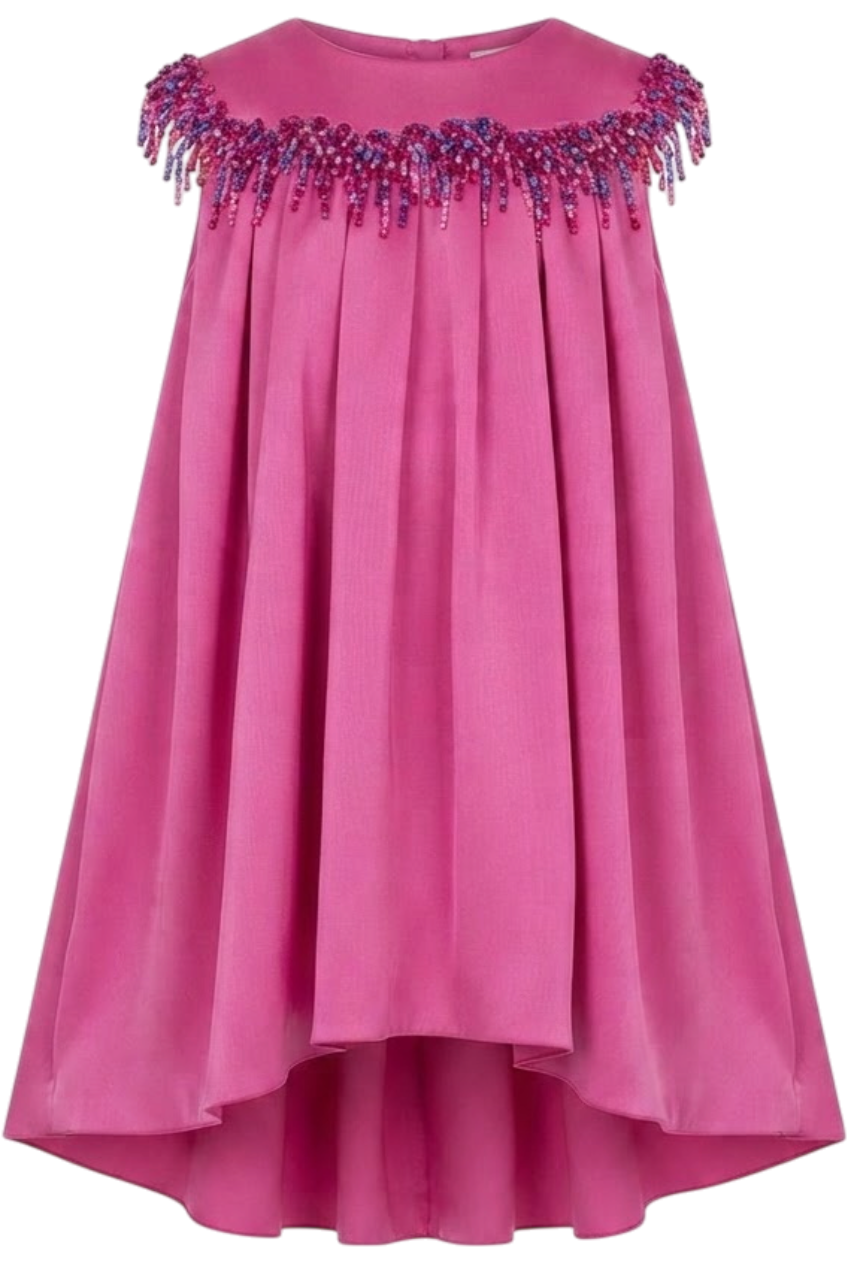 Fuchsia shiny asymmetrical dress with multicolor fringes - product view