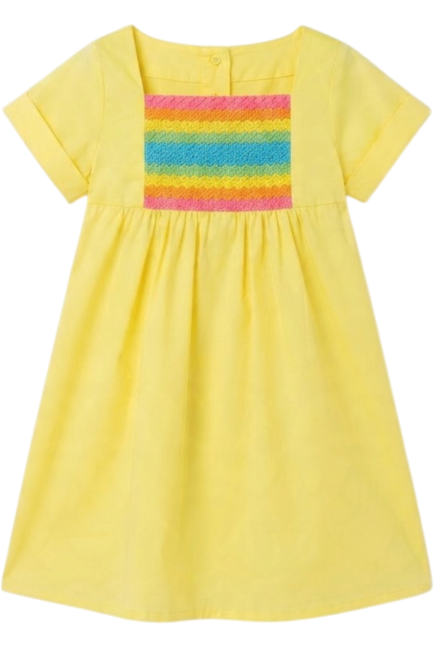 Yellow poplin cotton dress with matching multicolor detail - product view
