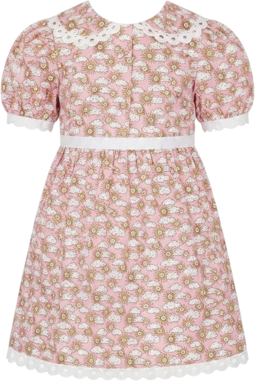 Pink and white Sun and Clouds cotton Liberty print dress with puffed sleeves - product view