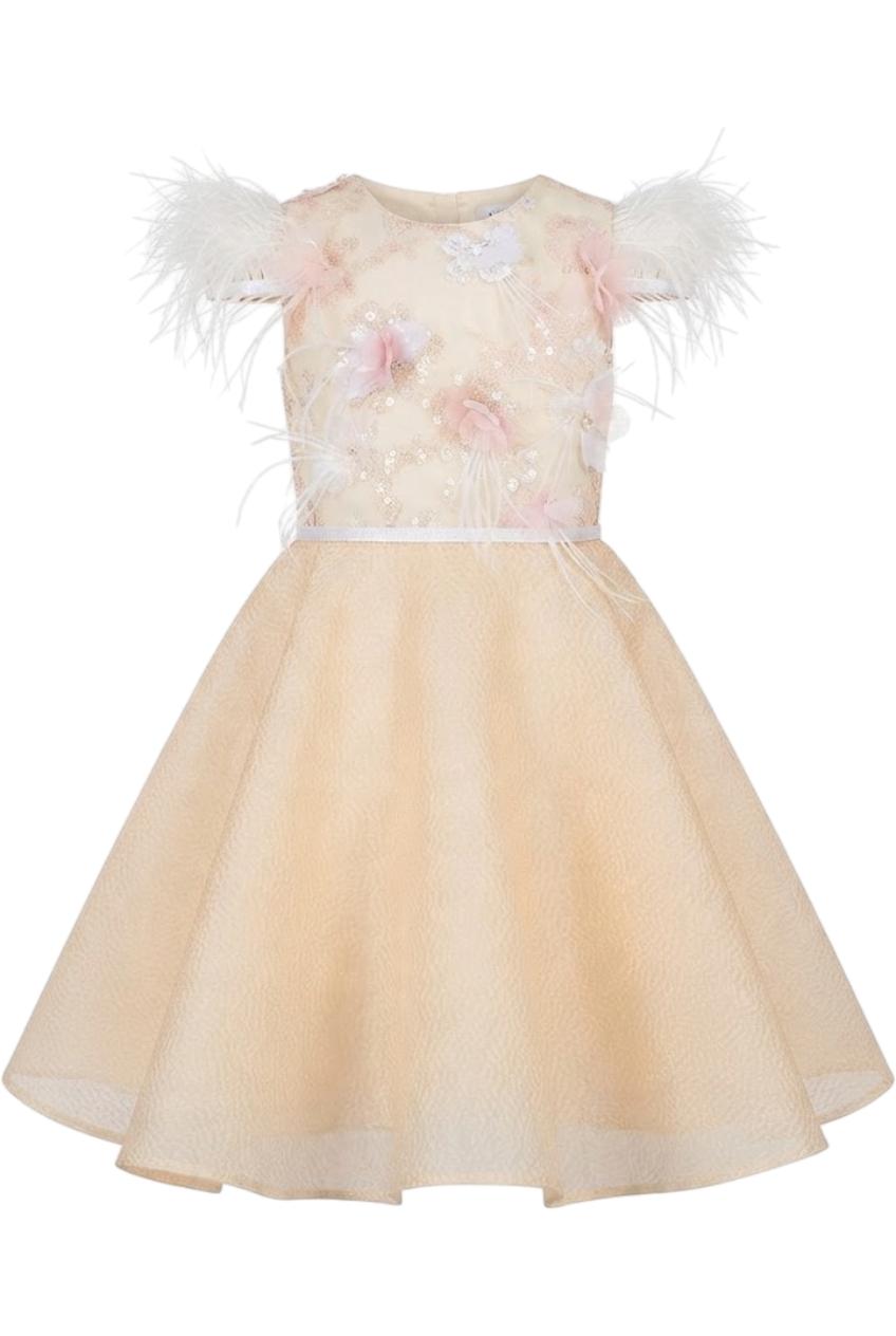 Cream jacquard organza dress with hand-embellished sequin floral lace upper part and white feathers on the sleeves - product view