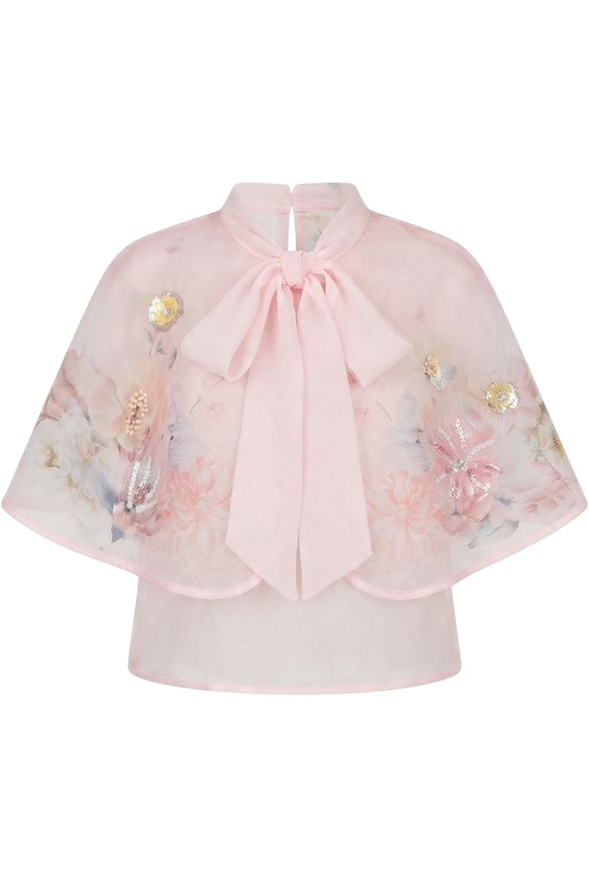CAPE - light pink organza cape with floral print, sequin hand-embellishments and chiffon pussy bow - product view