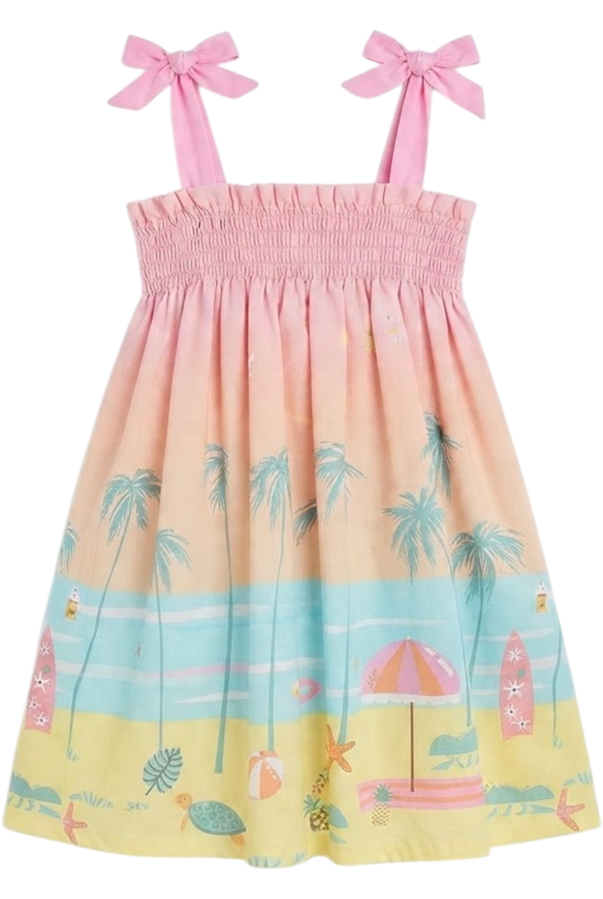 Miami pink, peach, blue and yelow obmbré smocked cotton dress with straps - product view