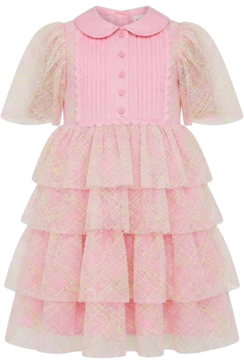 Pink and green/yellow neon fine lace layered dress with pink cotton front detail and collar - product view