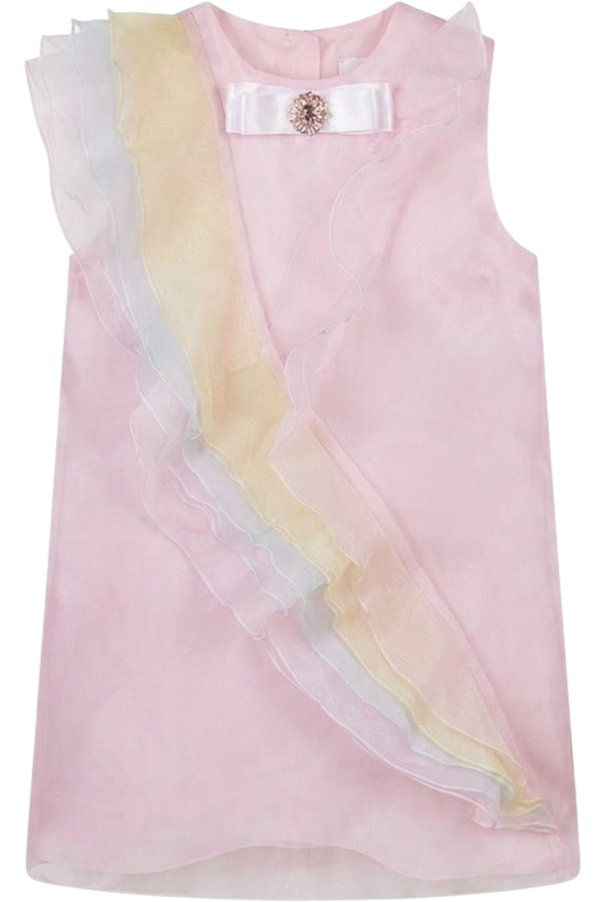 Pink silk organza dress with pastel silk frills and bow with Swarovski button - product view