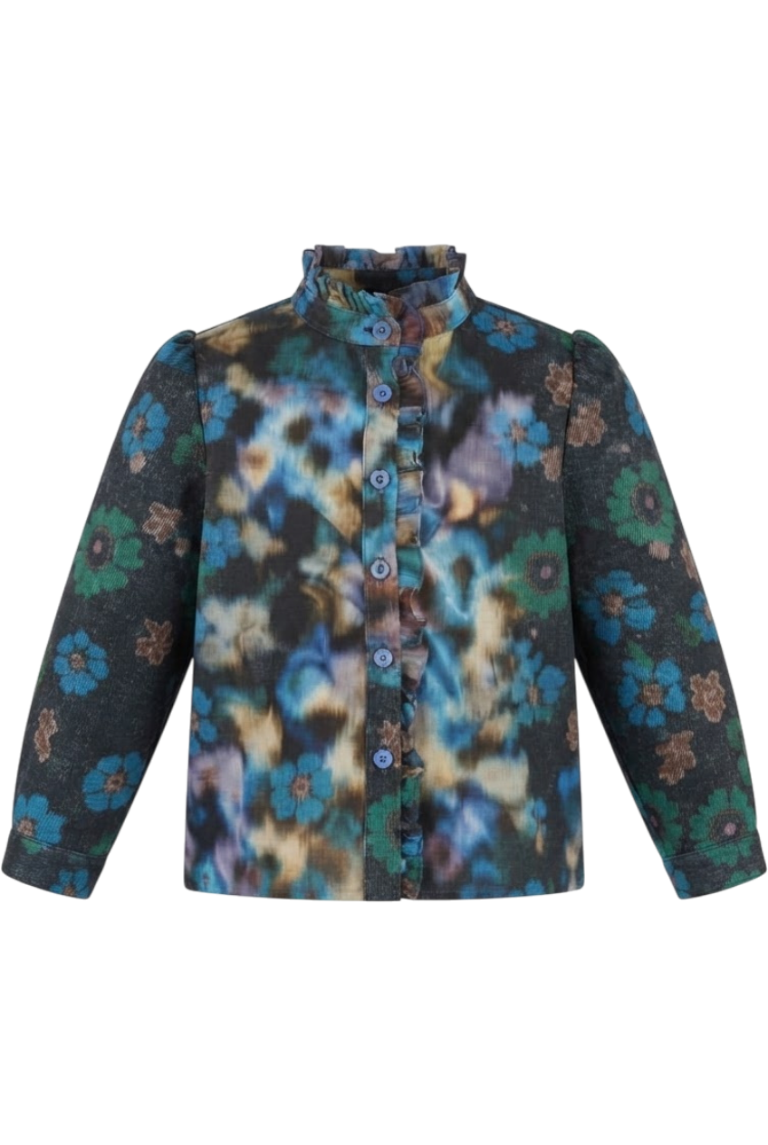 Blurred blue and beige flowers cotton Liberty Tana Lawn shirt - product view