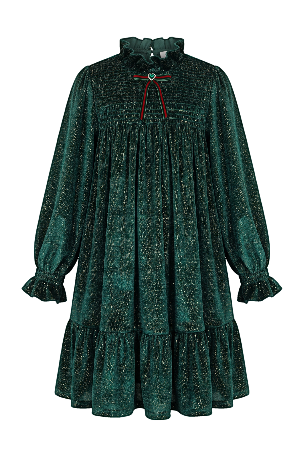Green and gold shimmering smocked dress with red/green velvet ribbon and green heart shape crystal button - product view