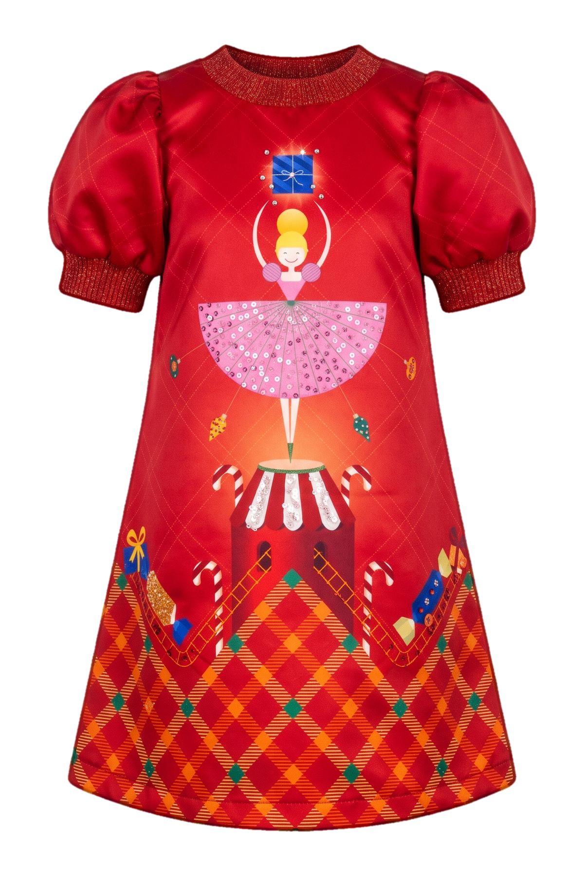 Red A-line Christmas carrousel hand-embellished with sequins and crystals dress with puffed sleeves - product view