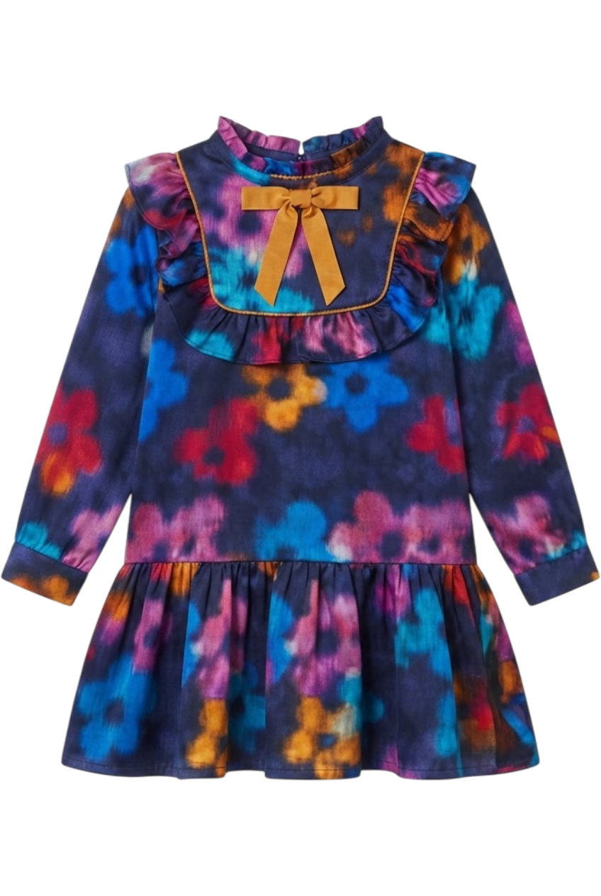 Ink blue blurred fuchsia, orange and blue flowers silk Liberty dress with orange bow - product view