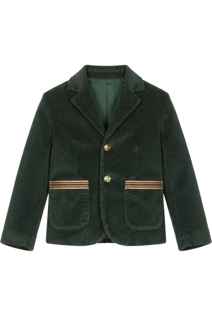 Green courdory jacket with colored ribbons on the pockets - product view