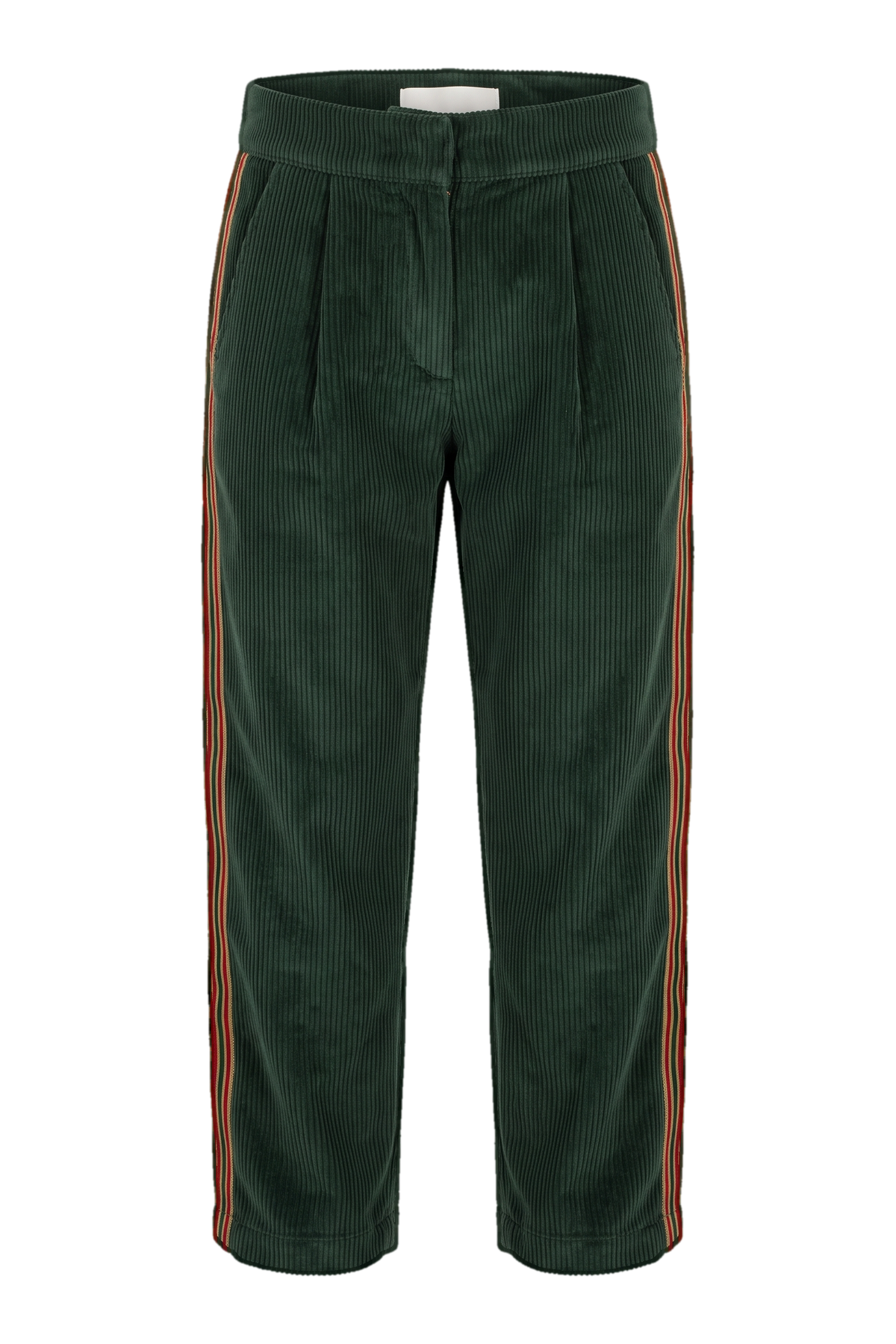 Green courdory trousers with colored ribbons on the legs - product view