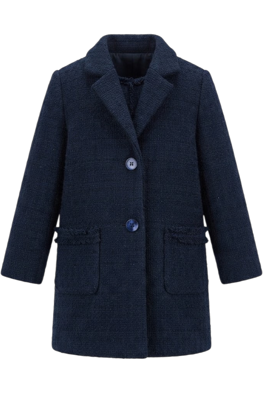 Blue tweed cotton blend coat with blue branded mother of pearl buttons - product view
