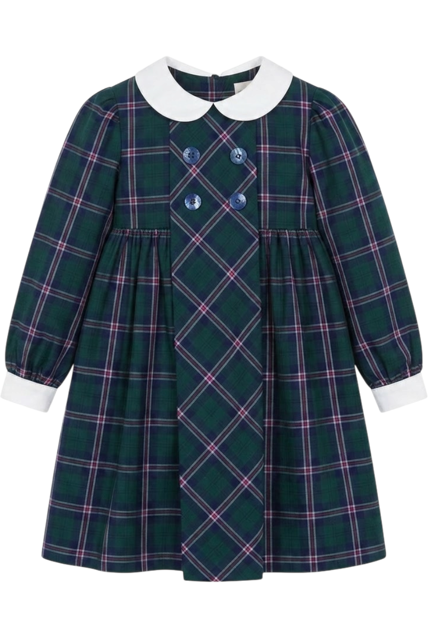 Green and blue tartan cotton dress with white collar and blue branded mother of pearl buttons - product view