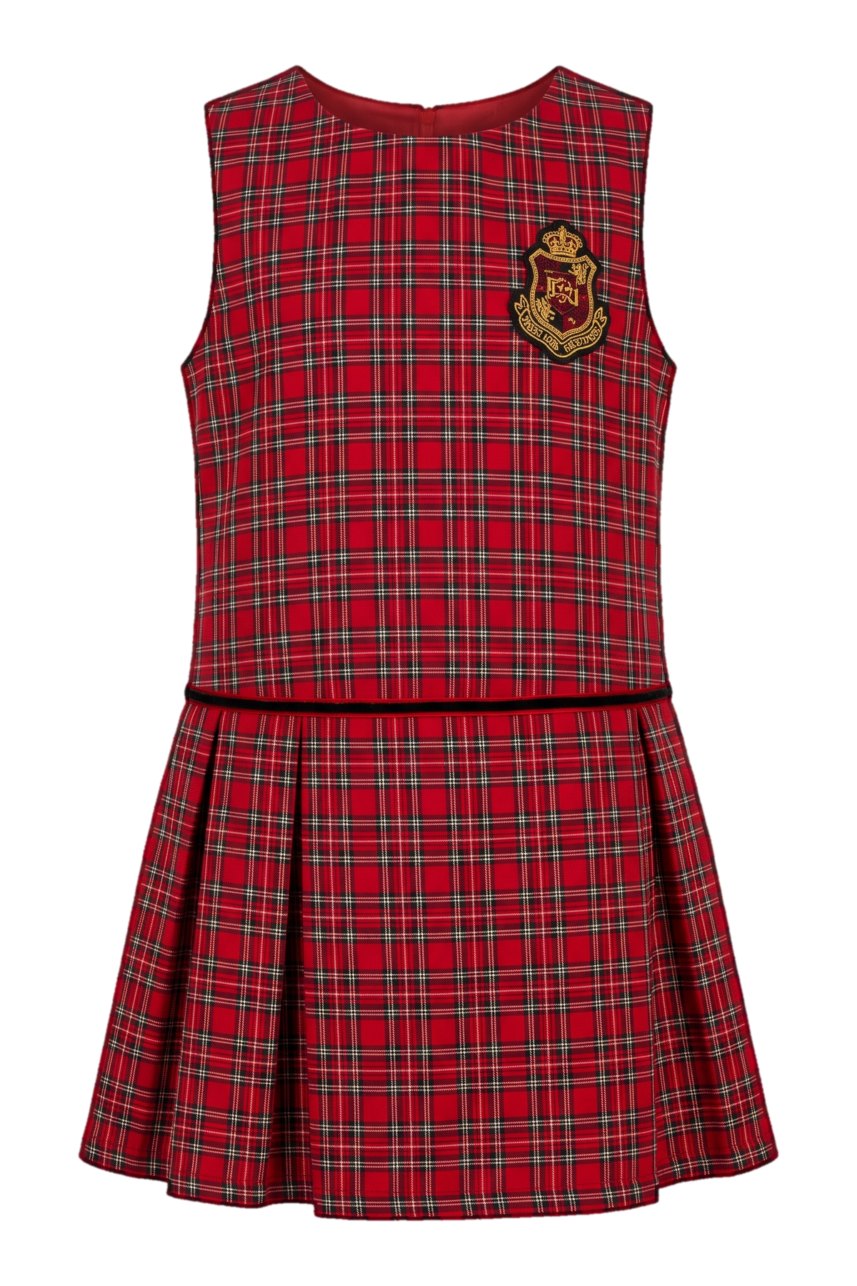Sleevless red check cotton dress with emroidered patch and red-black velvet ribbon - product view