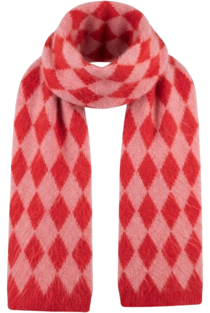 Pink and red rhombus moher scarf - product view