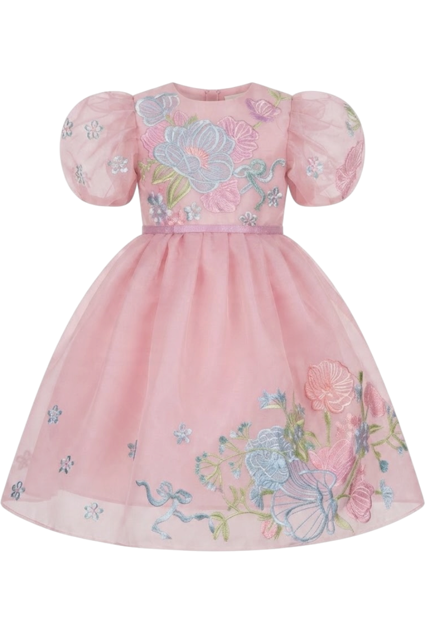 Pink organza dress with floral embroidery - product view