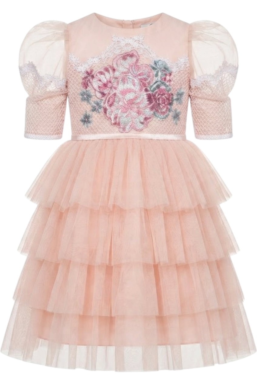Blush peach pink dress with floral embroidery and layered skirt - product view