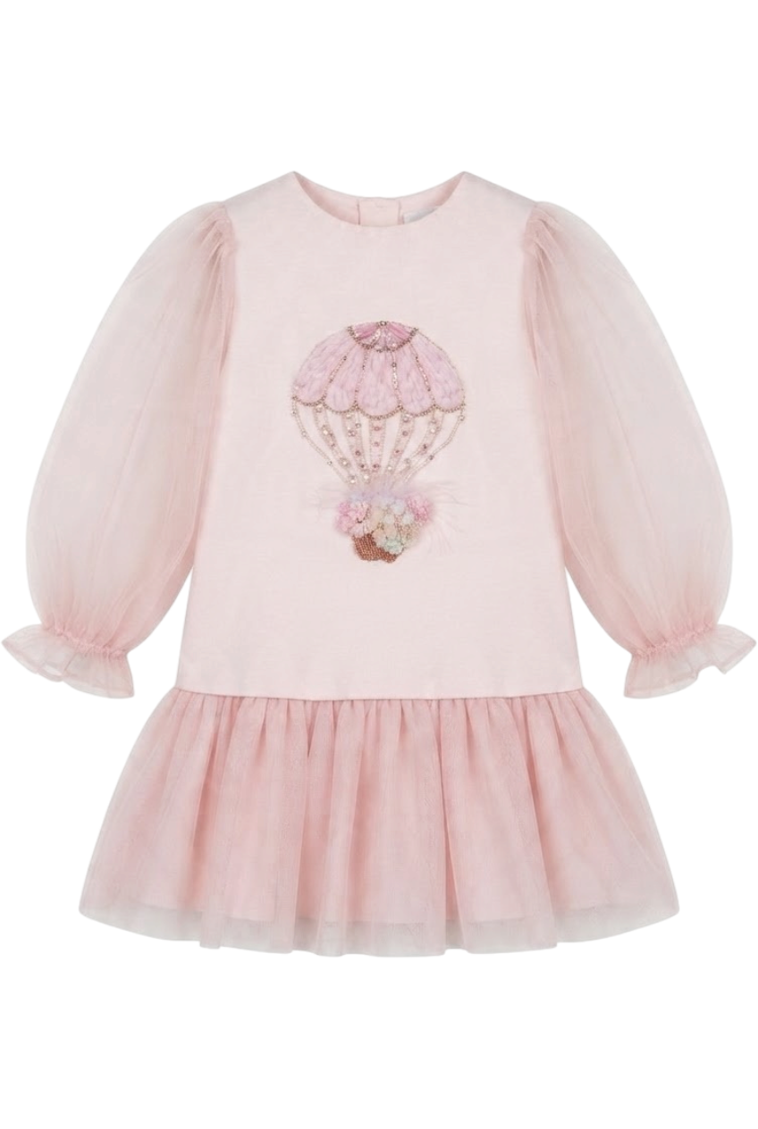 Pale pink jersey and tulle dress with hand-made balloon beaded embroidery and tulle sleeves - product view